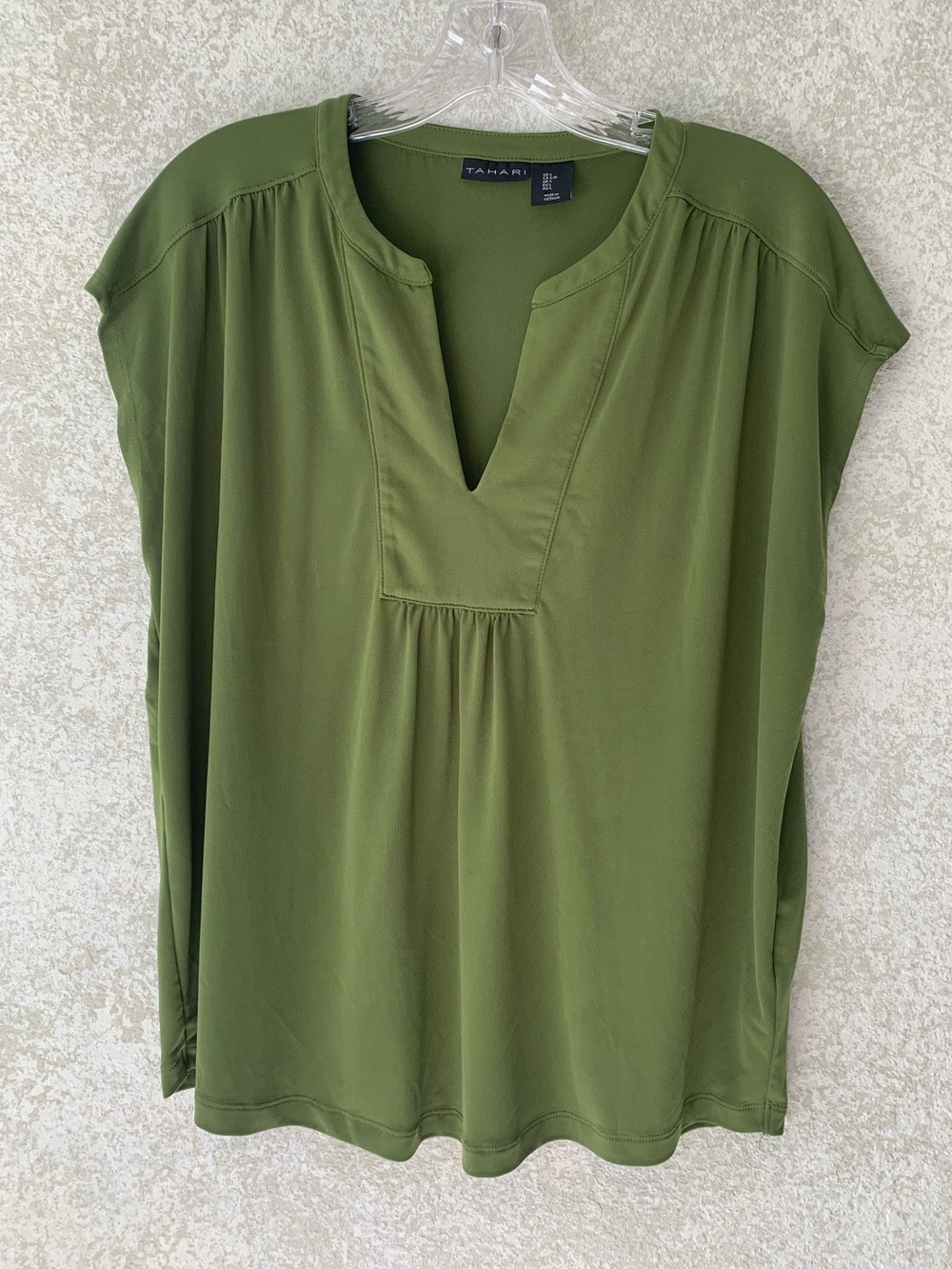 Tahari Olive Green Split V-Neck Cap Sleeve Blouse